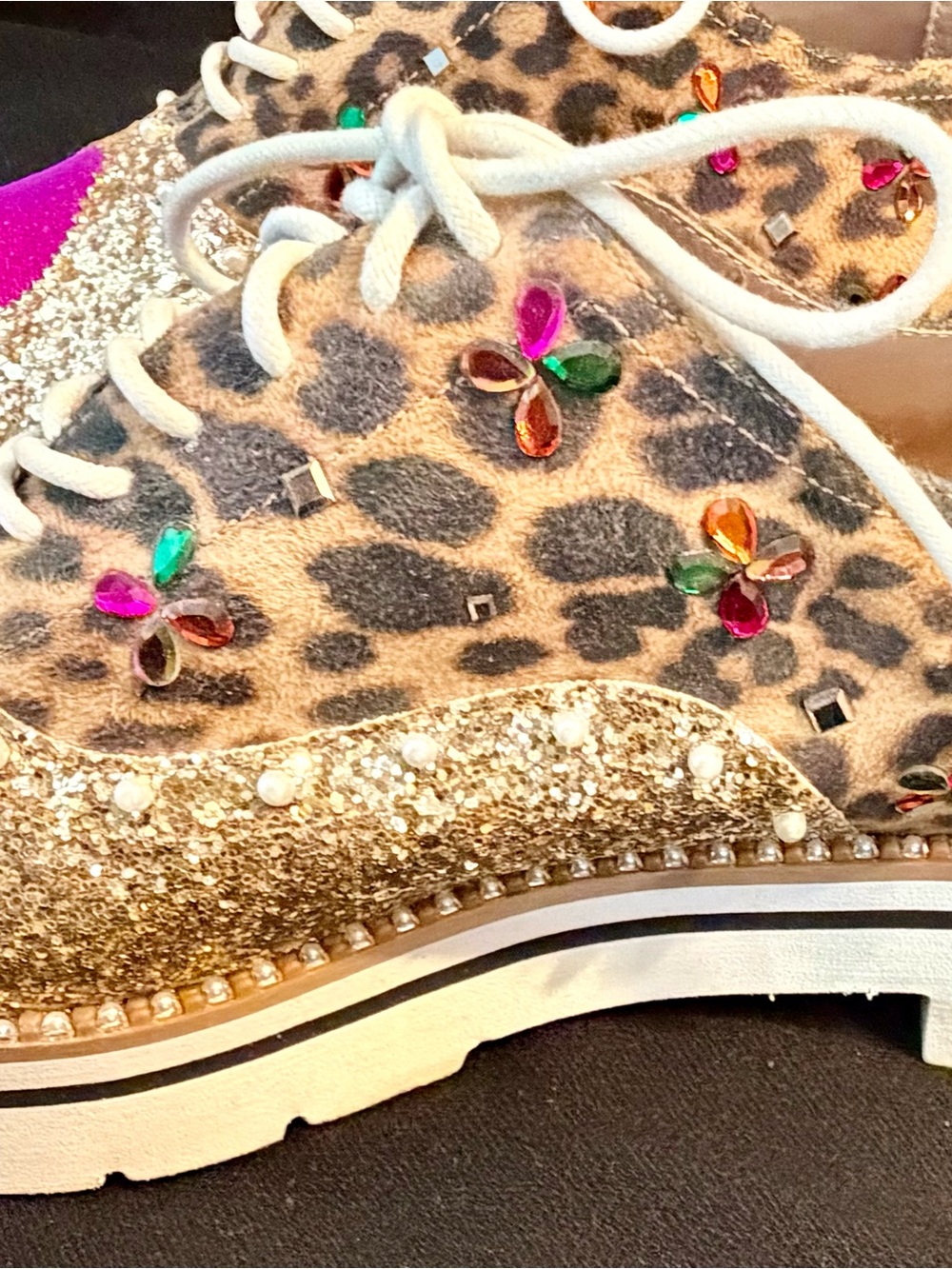 Betsey Johnson Gold Glitter Leopard Platform Sneaker with Multicolor Gem Flowers - Picture 10 of 16